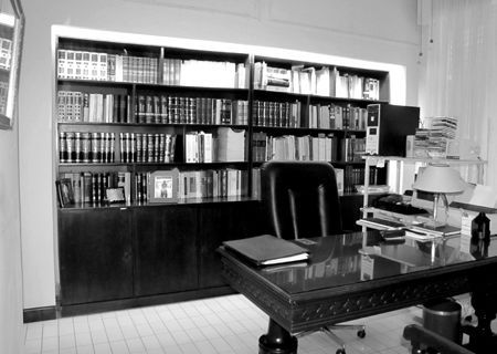 Despacho con escritorio y biblioteca de fondo